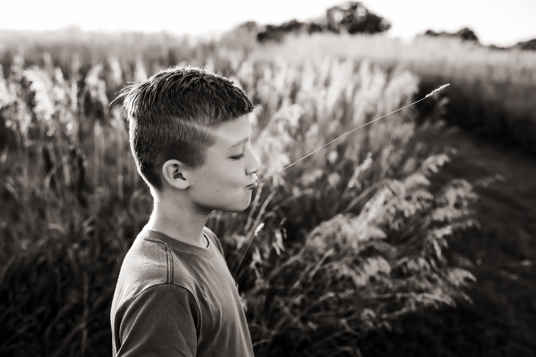 black and white photo of kid chewing on grass.jpg